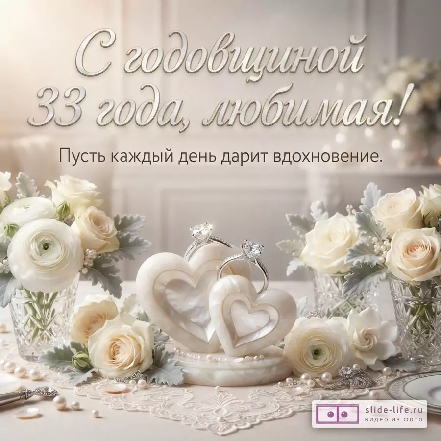Светлый фон, бежевый оттенок. В центре два перламутровых сердца, на них два кольца с бриллиантами. Вокруг белые розы и жемчуг. Текст «С годовщиной 33 года, любимая! Пусть каждый день дарит вдохновение.»