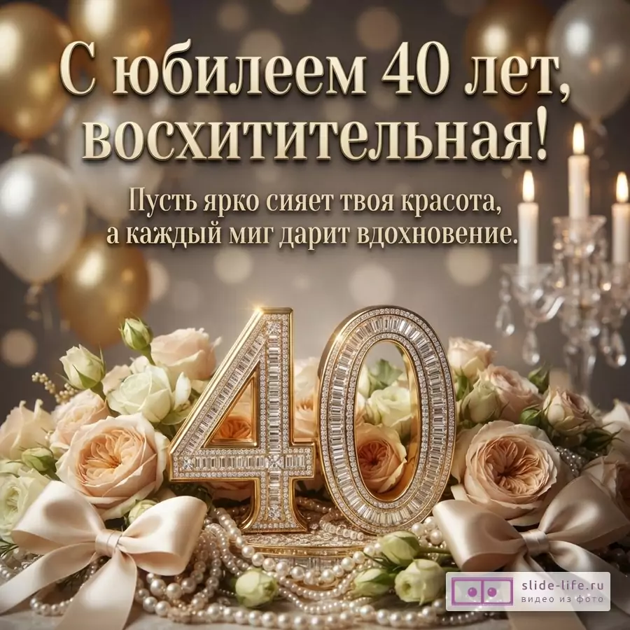 Открытка с юбилеем 40 лет. Фон темно-серый с золотыми и белыми воздушными шарами. В центре золотые цифры «40» с инкрустацией из бриллиантов, окруженные бежевыми и кремовыми розами, жемчужными бусами и атласными бантами. Справа канделябр со свечами. Текст: «С юбилеем 40 лет, восхитительная! Пусть ярко сияет твоя красота, а каждый миг дарит вдохновение.»