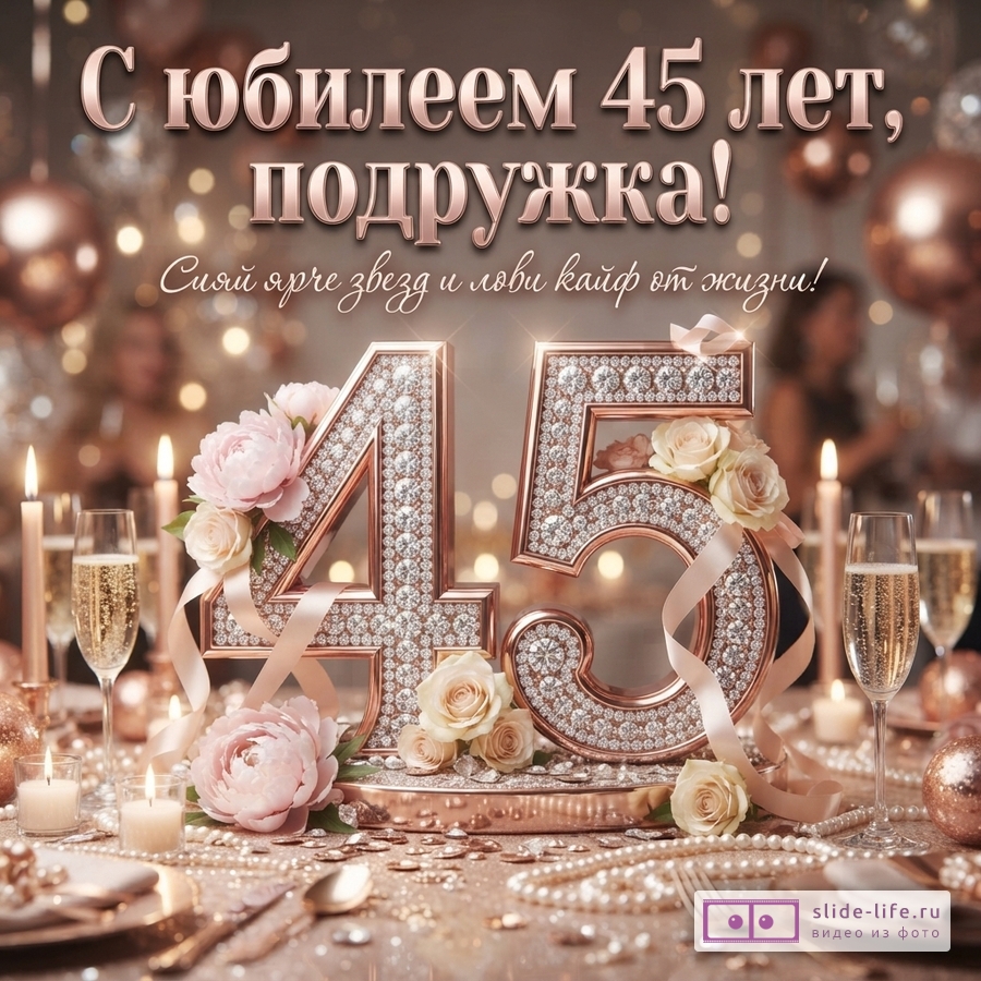 Фон боке с розовыми шарами, цифры «45» из страз, розовые розы, свечи, бокалы с шампанским. Текст: «С юбилеем 45 лет, подружка! Сияй ярче звезд и лови кайф от жизни!»