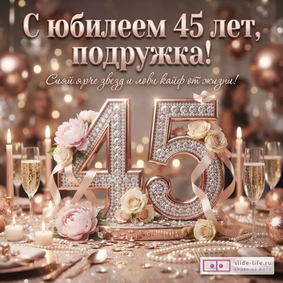 Фон боке с розовыми шарами, цифры «45» из страз, розовые розы, свечи, бокалы с шампанским. Текст: «С юбилеем 45 лет, подружка! Сияй ярче звезд и лови кайф от жизни!»