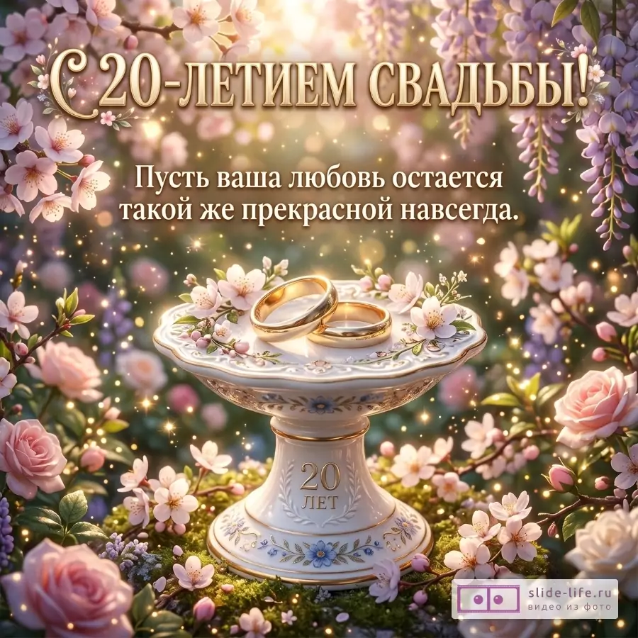 «С 20-летием свадьбы!» и «Пусть ваша любовь остается такой же прекрасной навсегда.» Золотисто-розовый фон, фарфоровая подставка с надписью «20 лет», два обручальных кольца, цветы.