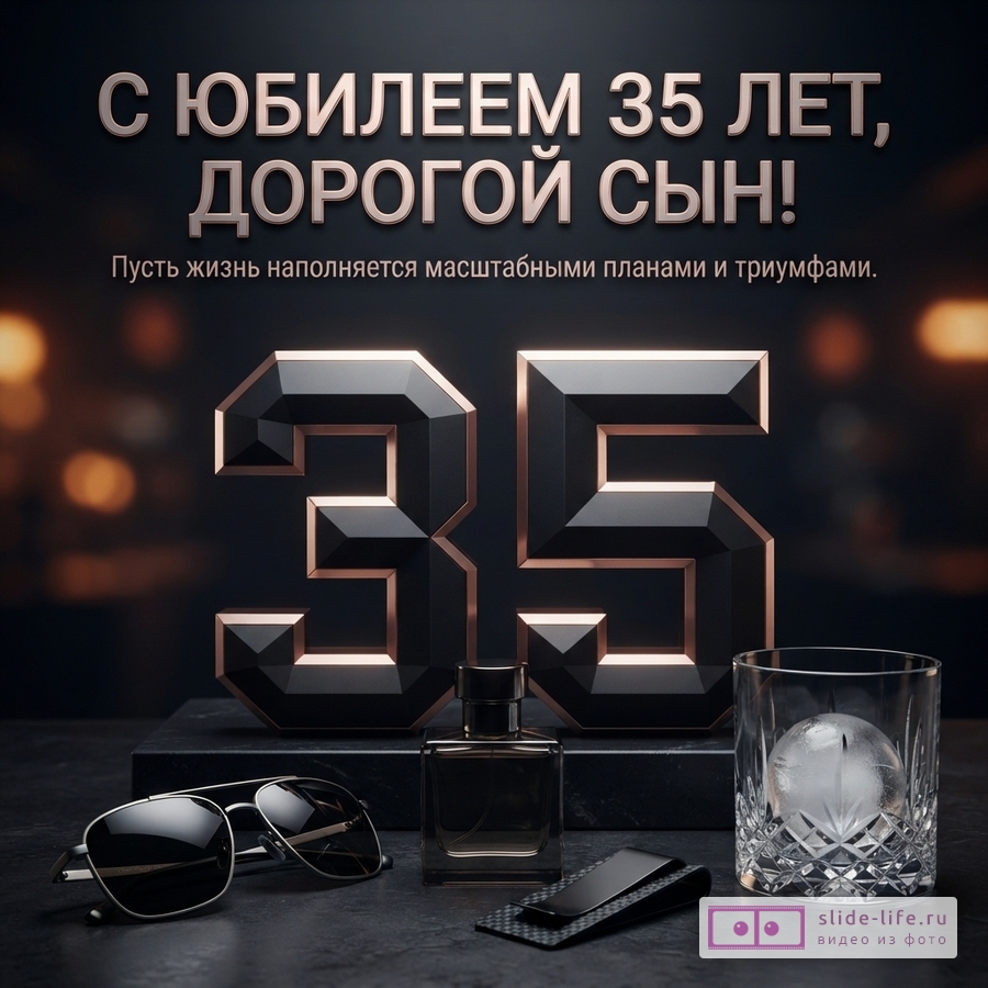 Объемная черная цифра 35 с золотой гранью, флакон парфюма, очки, стакан со льдом на темном фоне и текст «С ЮБИЛЕЕМ 35 ЛЕТ, ДОРОГОЙ СЫН! Пусть жизнь наполняется масштабными планами и триумфами.»