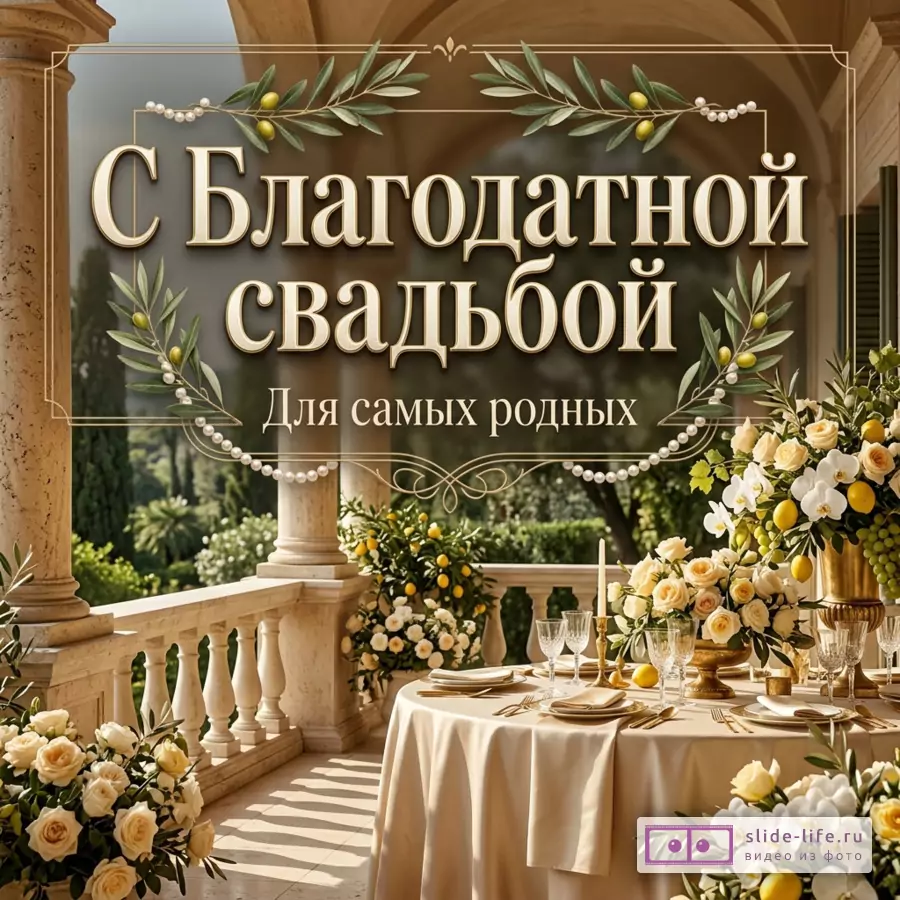 Терраса с колоннами, сервированный стол с белой скатертью, белые розы, орхидеи, оливковые ветви, лимоны, золотистая рамка, текст «С Благодатной свадьбой Для самых родных»