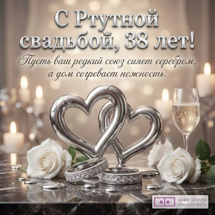 Светло-бежевый фон, два серебряных сердца, два кольца с камнями, белые розы, бокал шампанского, свечи. Надпись: «С Ртутной свадьбой, 38 лет! Пусть ваш редкий союз сияет серебром, а дом согревает нежность.»