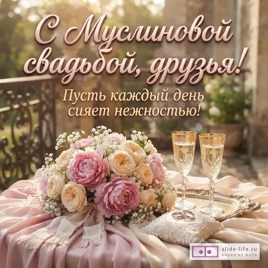 Фон размытый, на переднем плане стол с розовой скатертью, букет цветов, два бокала шампанского, подушечка с обручальными кольцами. Текст «С Муслиновой свадьбой, друзья! Пусть каждый день сияет нежностью!»