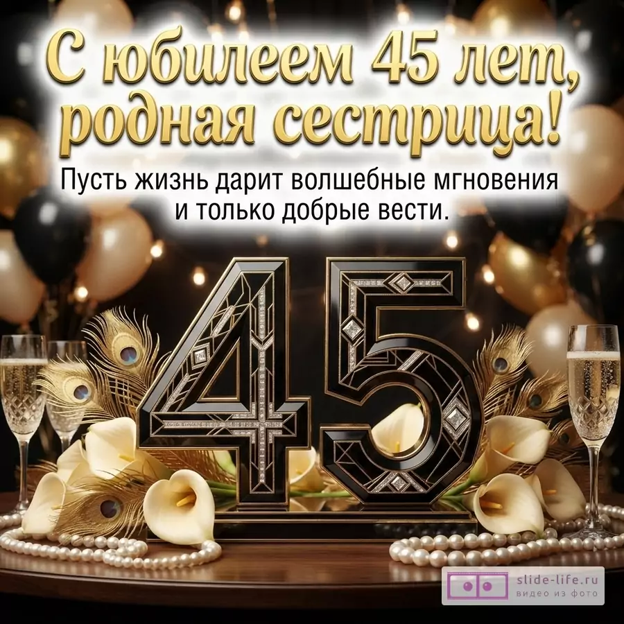 Открытка с черным фоном, золотыми и черными шарами, золотыми буквами. В центре крупные черные цифры «45» с золотым узором и стразами. Слева и справа бокалы с шампанским, белые каллы, перья павлина, жемчужные бусы. Текст: «С юбилеем 45 лет, родная сестрица! Пусть жизнь дарит волшебные мгновения и только добрые вести.»
