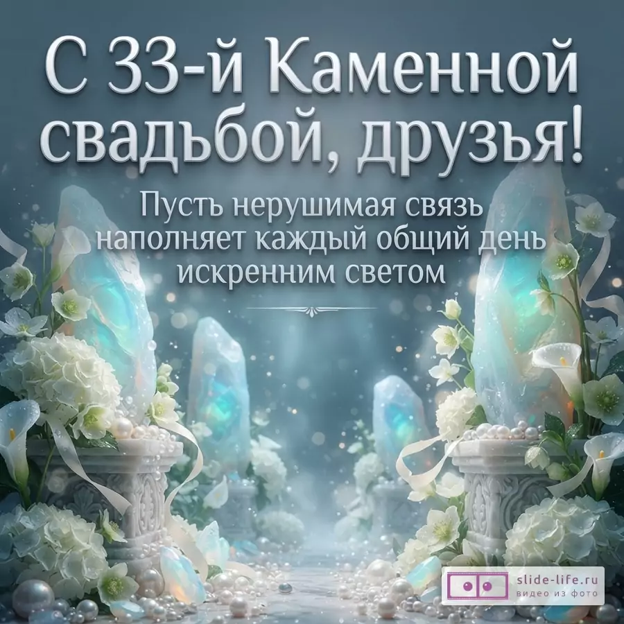 Открытка с голубым фоном, белыми цветами, жемчугом и светящимися кристаллами. Текст: «С 33-й Каменной свадьбой, друзья! Пусть нерушимая связь наполняет каждый общий день искренним светом»