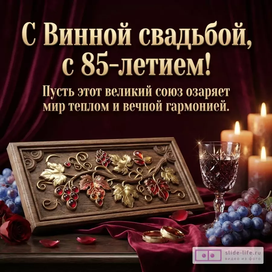 Деревянное панно с виноградной лозой, бокал вина, свечи и кольца на бордовом бархате с надписью «С Винной свадьбой, с 85-летием! Пусть этот великий союз озаряет мир теплом и вечной гармонией.»