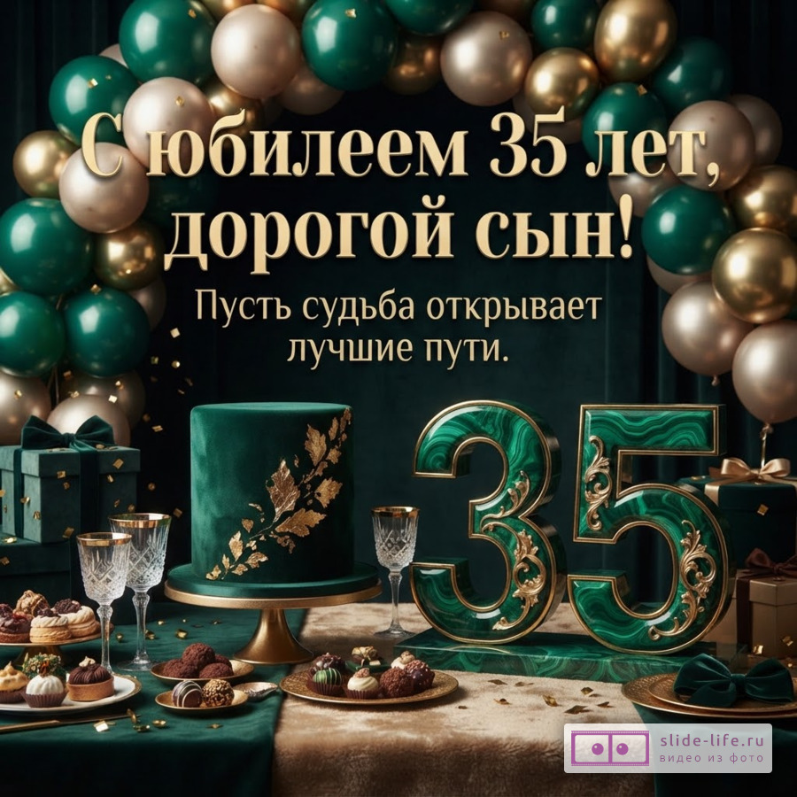 Праздничный стол с изумрудным тортом, цифрой 35, шарами и надписью «С юбилеем 35 лет, дорогой сын! Пусть судьба открывает лучшие пути.»