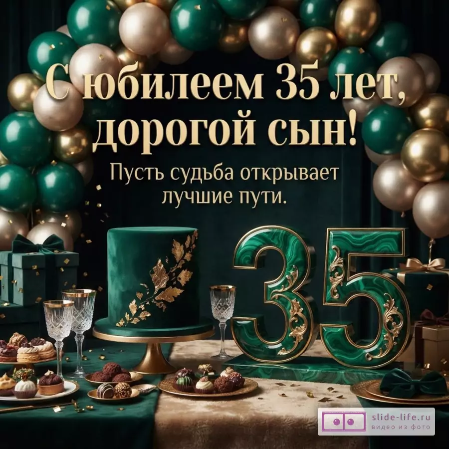 Праздничный стол с изумрудным тортом, цифрой 35, шарами и надписью «С юбилеем 35 лет, дорогой сын! Пусть судьба открывает лучшие пути.»