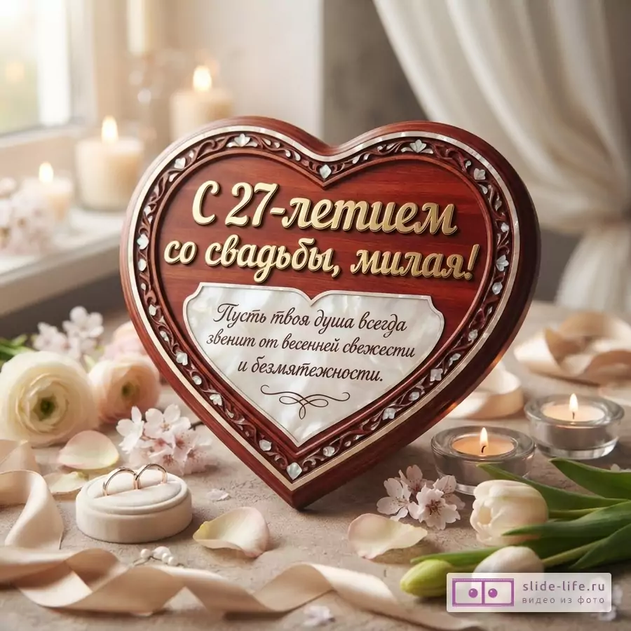 Открытка в форме сердца из красного дерева с золотыми буквами на бежевом фоне. Текст: «С 27-летием со свадьбы, милая! Пусть твоя душа всегда звенит от весенней свежести и безмятежности.»