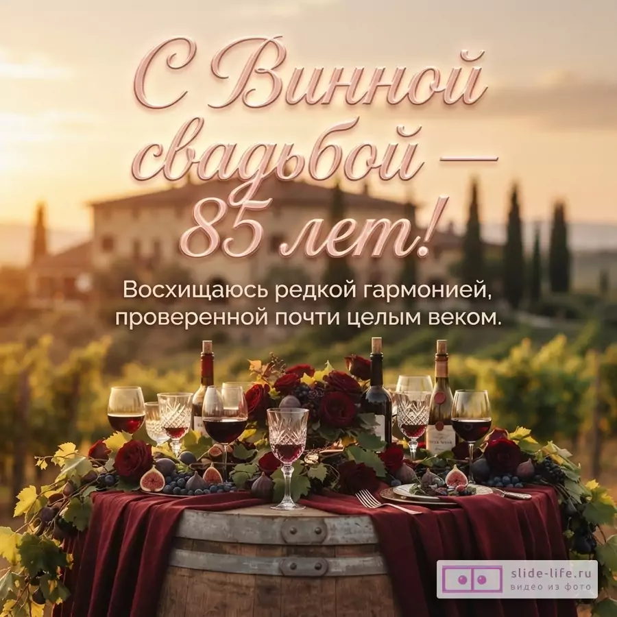 Праздничный стол на винной бочке с бокалами вина, розами и виноградом на фоне виноградника с текстом «С Винной свадьбой — 85 лет! Восхищаюсь редкой гармонией, проверенной почти целым веком.»
