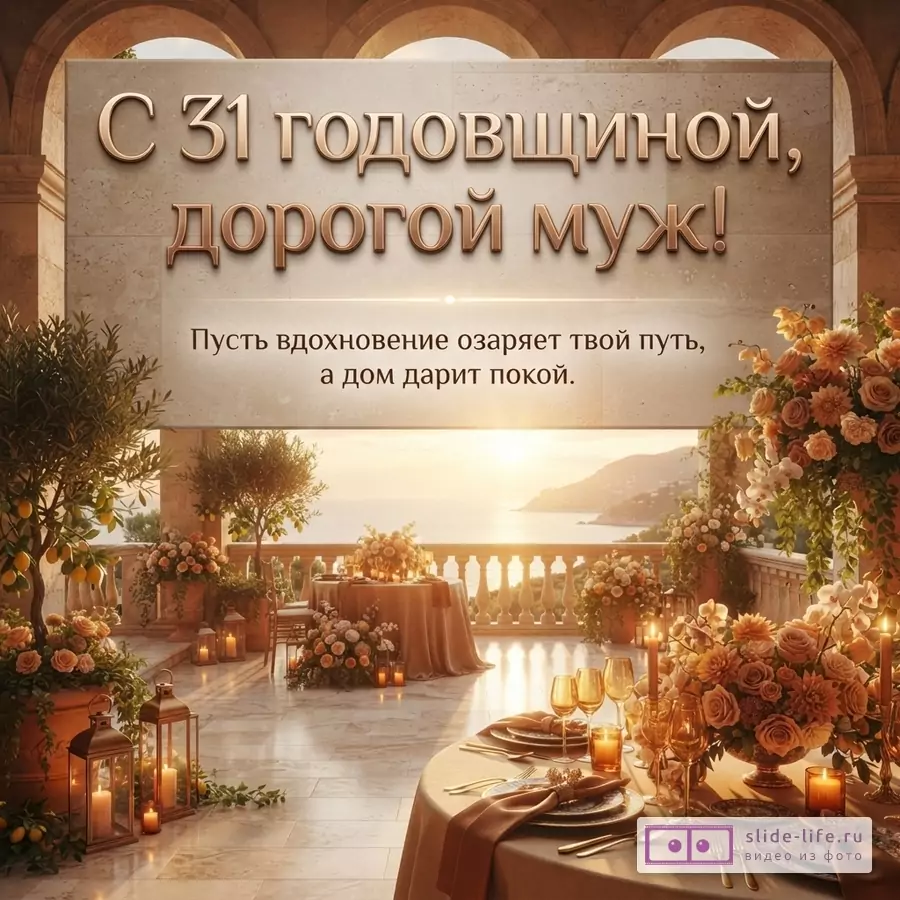 Теплая открытка в золотисто-коричневых тонах: каменная терраса, цветы, свечи, стол с сервировкой, вид на море и горы. Текст «С 31 годовщиной, дорогой муж! Пожелание: Пусть вдохновение озаряет твой путь, а дом дарит покой.»