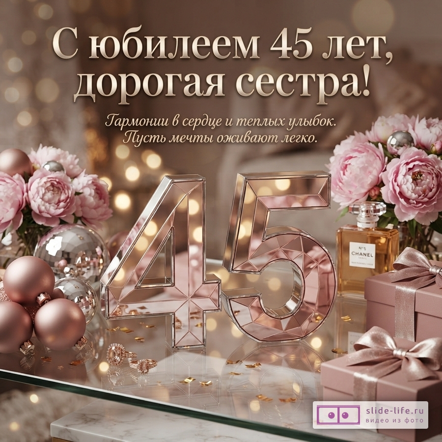 Открытка с юбилеем 45 лет сестре. Фон боке, розовые пионы, розовые елочные шары, зеркальные цифры «45», духи Chanel, подарочные коробки. Текст: «С юбилеем 45 лет, дорогая сестра! Гармонии в сердце и теплых улыбок. Пусть мечты оживают легко.»