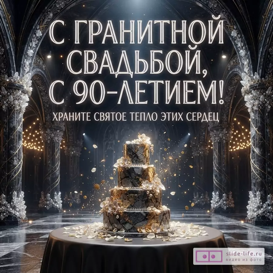 Темный гранитный зал, арки, огни, многоярусный каменный торт с цветами, текст «С ГРАНИТНОЙ СВАДЬБОЙ, С 90-ЛЕТИЕМ! ХРАНИТЕ СВЯТОЕ ТЕПЛО ЭТИХ СЕРДЕЦ»