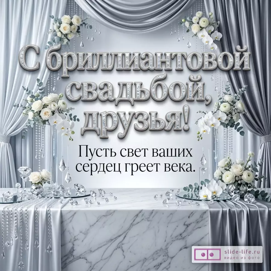 Серебристо-белый фон с драпировками, белыми цветами, кристаллами и мраморным столом, текст «С бриллиантовой свадьбой, друзья! Пусть свет ваших сердец греет века.»
