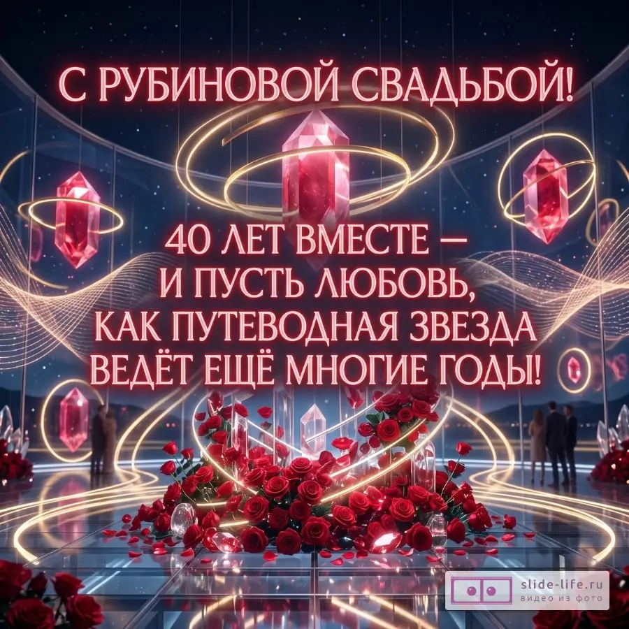 Темно-синий фон со звездами, рубиновые кристаллы, золотые светящиеся кольца и красные розы; текст «С РУБИНОВОЙ СВАДЬБОЙ! 40 ЛЕТ ВМЕСТЕ — И ПУСТЬ ЛЮБОВЬ, КАК ПУТЕВОДНАЯ ЗВЕЗДА, ВЕДЁТ ЕЩЁ МНОГИЕ ГОДЫ!»