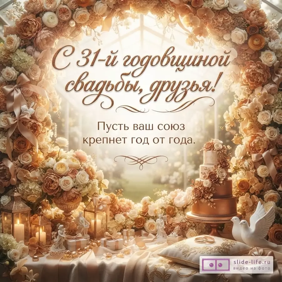 Теплый бежево-золотой фон, цветочная арка, свадебный торт, свечи, подарки, белые голуби, текст «С 31-й годовщиной свадьбы, друзья! Пусть ваш союз крепнет год от года.»
