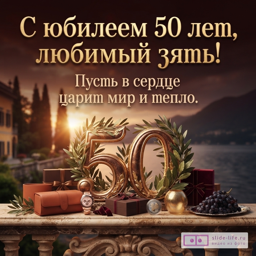 Открытка с темным фоном, на котором золотые буквы «С юбилеем 50 лет, любимый зять! Пусть в сердце царит мир и тепло.». Внизу на мраморном парапете цифры «50» из лавровых ветвей, подарки, часы, виноград.