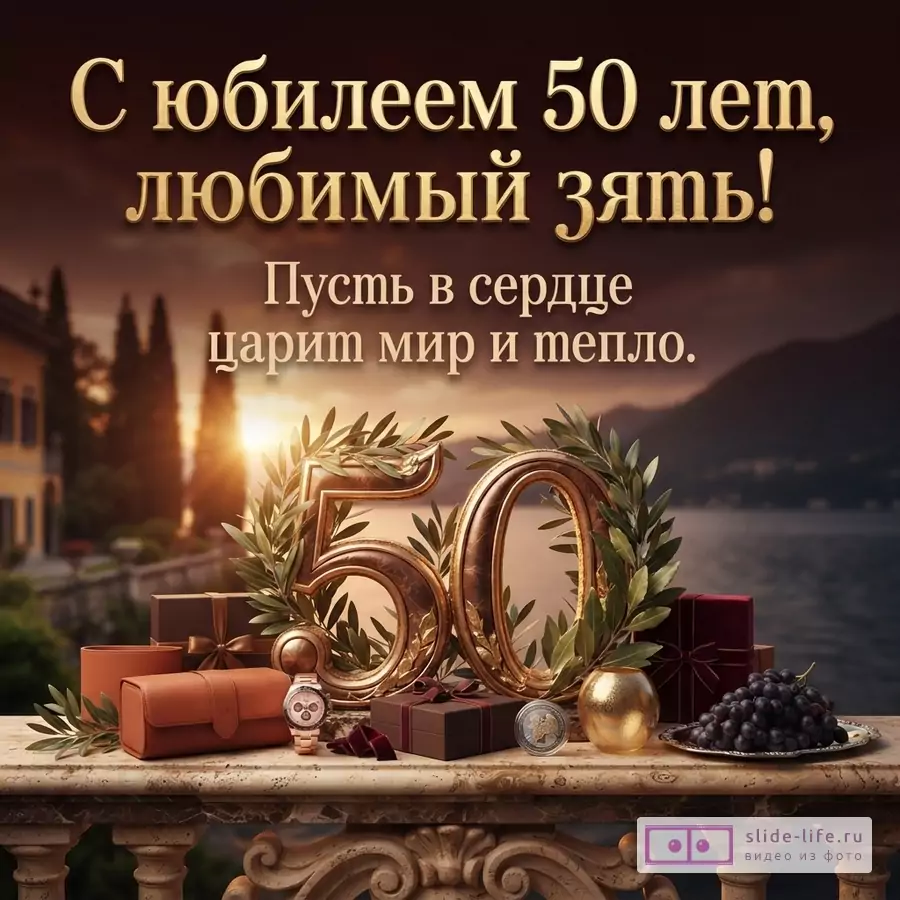 Открытка с темным фоном, на котором золотые буквы «С юбилеем 50 лет, любимый зять! Пусть в сердце царит мир и тепло.». Внизу на мраморном парапете цифры «50» из лавровых ветвей, подарки, часы, виноград.