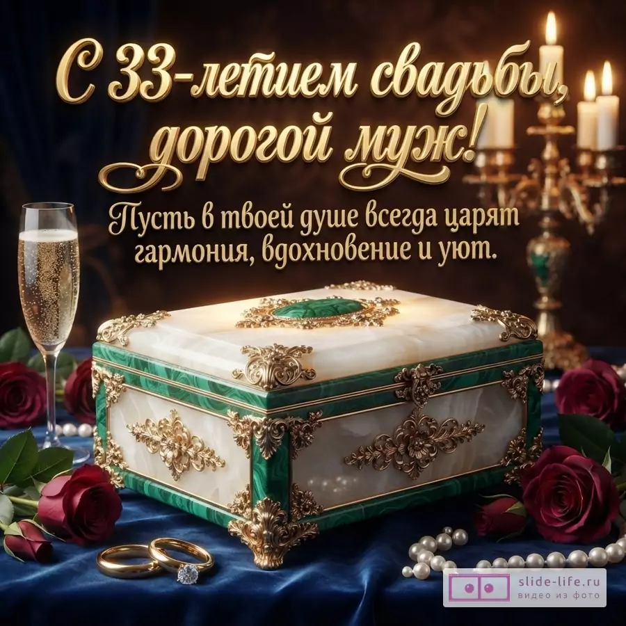 Темно-синий фон, бокал шампанского, красные розы, шкатулка из малахита и мрамора, обручальные кольца, жемчужное ожерелье, свечи. Надпись «С 33-летием свадьбы, дорогой муж! Пусть в твоей душе всегда царят гармония, вдохновение и уют.»