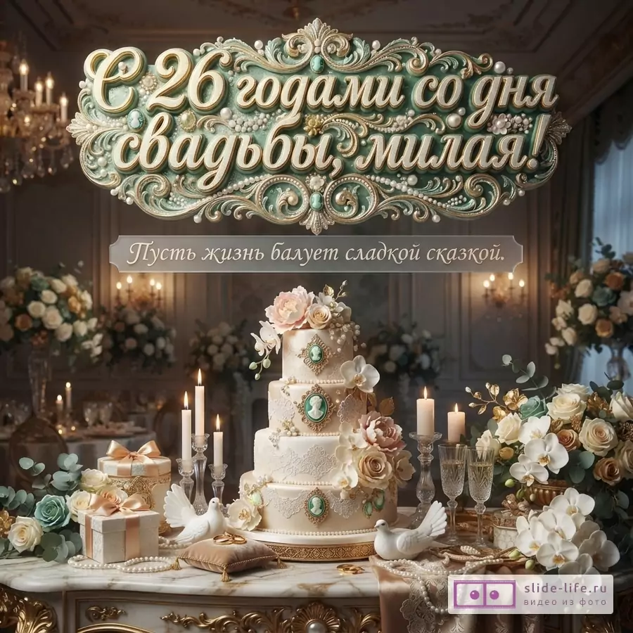 Текст «С 26 годами со дня свадьбы, милая! Пусть жизнь балует сладкой сказкой.» на зеленом декоративном фоне, свадебный торт, цветы, свечи и подарки.