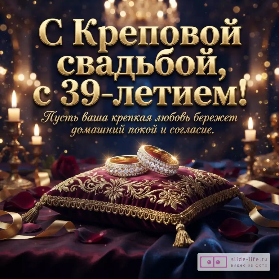 Темно-синий фон, золотые буквы, свечи, обручальные кольца на бордовой подушке. Текст: «С Креповой свадьбой, с 39-летием! Пусть ваша крепкая любовь бережет домашний покой и согласие.»