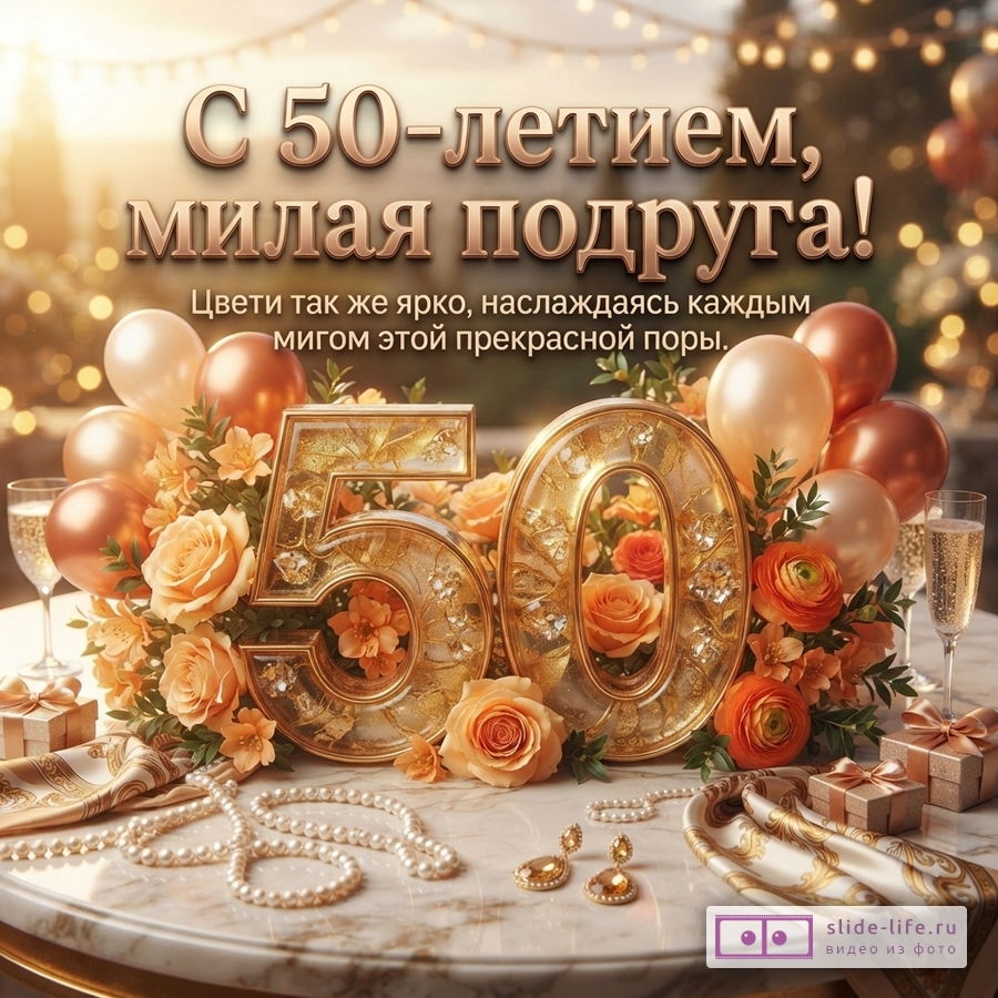 Фон с размытыми огоньками гирлянд, на переднем плане мраморный стол с золотыми цифрами «50», цветами персикового и оранжевого оттенков, воздушными шарами, бокалами шампанского, жемчужным ожерельем, серьгами, подарочными коробками и шелковым платком. Текст: «С 50-летием, милая подруга! Цвети так же ярко, наслаждаясь каждым мигом этой прекрасной поры.»