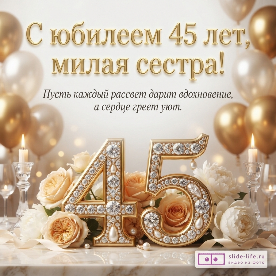 Открытка с золотыми шарами на фоне, золотые цифры «45» с бриллиантами, бежевые розы. Текст: «С юбилеем 45 лет, милая сестра! Пусть каждый рассвет дарит вдохновение, а сердце греет уют.»