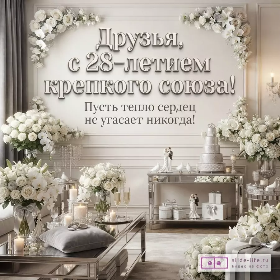 Интерьер в светлых тонах с белыми цветами, свечами и зеркальной мебелью. На стене текст «Друзья, с 28-летием крепкого союза! Пусть тепло сердец не угасает никогда!»