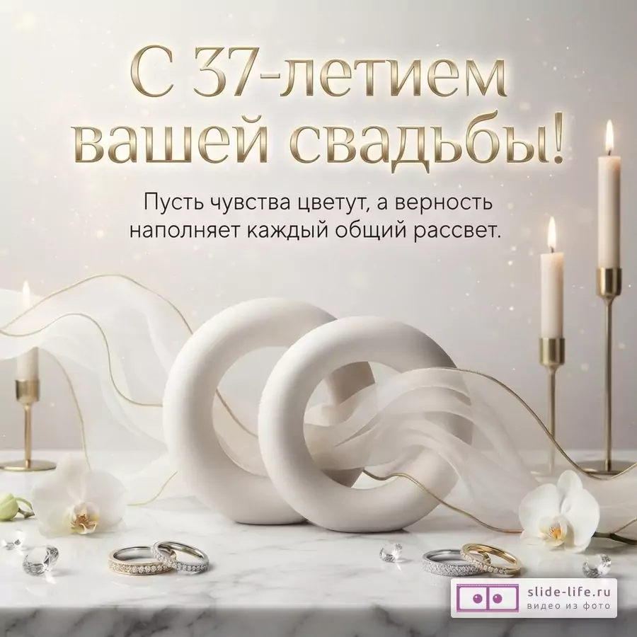 Белый фон с золотистыми искрами. В центре золотистый текст «С 37-летием вашей свадьбы! Пусть чувства цветут, а верность наполняет каждый общий рассвет.». Внизу две белые скульптуры в виде колец, белая органза, две орхидеи, обручальные кольца и бриллианты. По бокам горящие свечи в золотых подсвечниках.