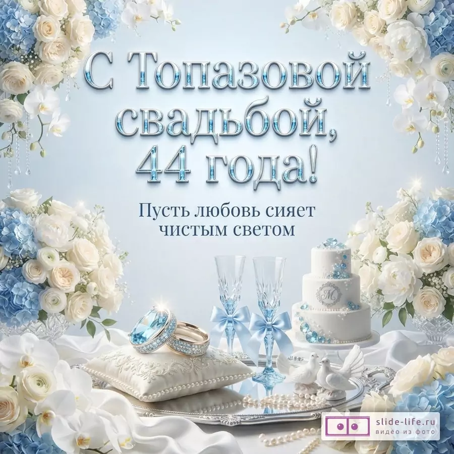 Открытка с голубым фоном, украшенная белыми и голубыми цветами. В центре надпись «С Топазовой свадьбой, 44 года! Пусть любовь сияет чистым светом». Внизу обручальные кольца, бокалы, свадебный торт и голуби.
