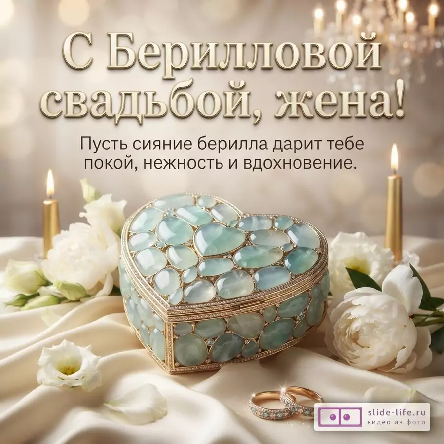 Бежевый фон со свечами, белыми цветами и шкатулкой в форме сердца с бериллами. Текст: «С Берилловой свадьбой, жена! Пусть сияние берилла дарит тебе покой, нежность и вдохновение.»