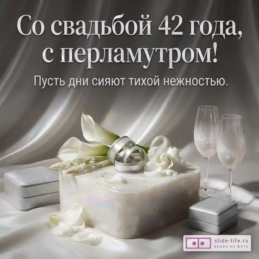 Серая ткань, перламутровый блок, белые каллы, гардения, лепестки, два кольца, две коробки, два бокала. Текст: «Со свадьбой 42 года, с перламутром! Пусть дни сияют тихой нежностью.»