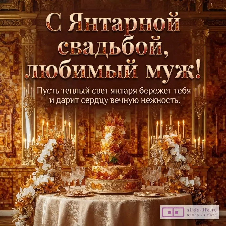 Открытка с янтарной свадьбой, фон янтарный, текст золотистый, внизу праздничный стол с тортом и свечами. «С Янтарной свадьбой, любимый муж! Пусть теплый свет янтаря бережет тебя и дарит сердцу вечную нежность.»
