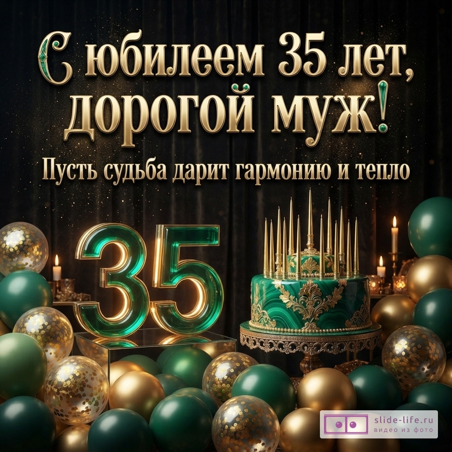 Изумрудно-золотой праздничный торт со свечами, цифра 35 и воздушные шары с текстом «С юбилеем 35 лет, дорогой муж! Пусть судьба дарит гармонию и тепло».