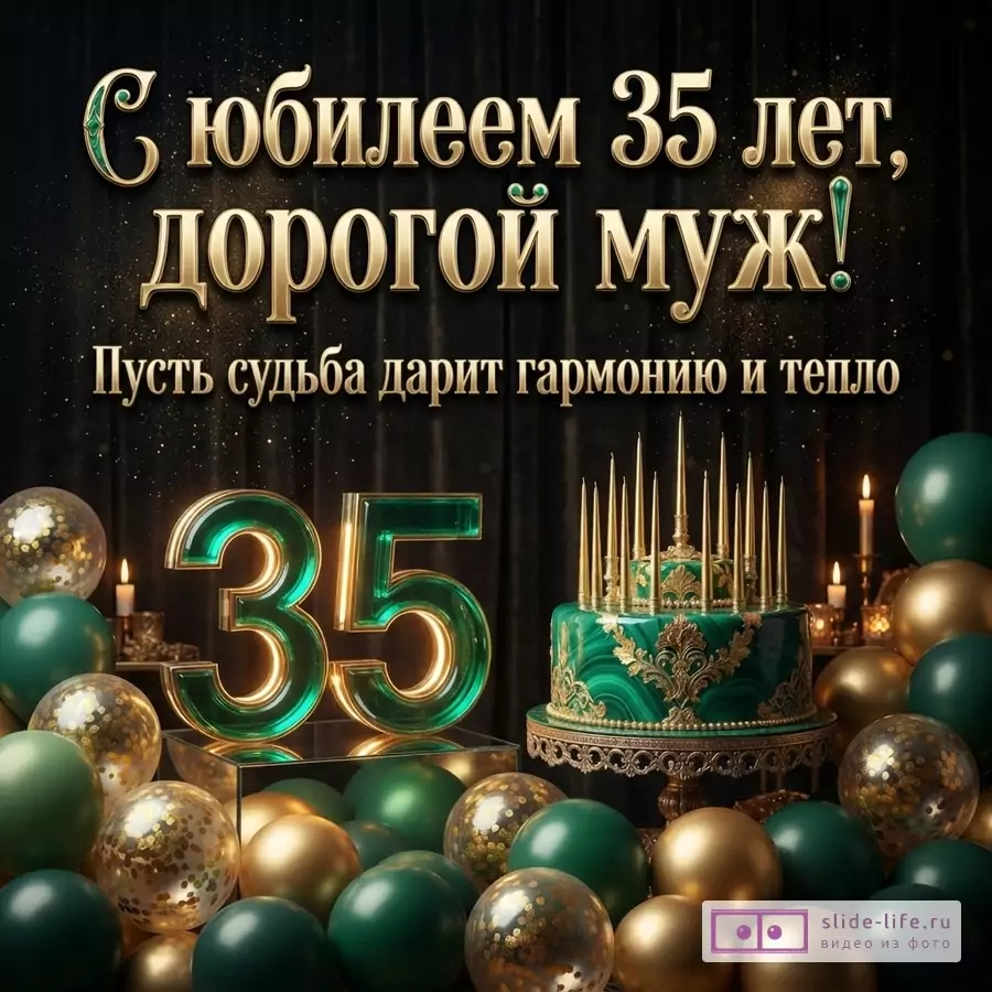Изумрудно-золотой праздничный торт со свечами, цифра 35 и воздушные шары с текстом «С юбилеем 35 лет, дорогой муж! Пусть судьба дарит гармонию и тепло».