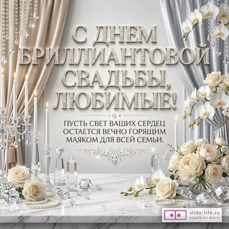 Белый и серебристо-бежевый фон, драпировки, белые розы и орхидеи, свечи, хрустальные подсвечники и кристаллы, сервировка стола, текст «С Бриллиантовой свадьбой, дорогие! Пусть свет ваших сердец остается негасимым маяком для всей семьи.»