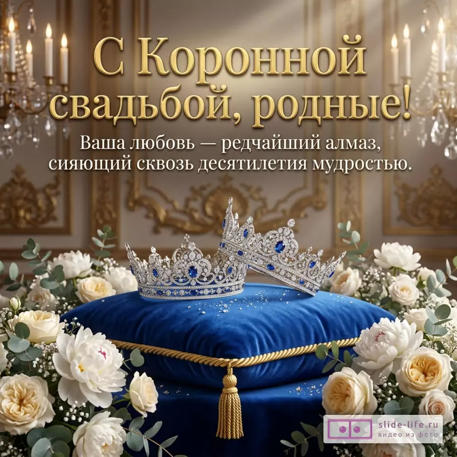 Две короны на синей подушке среди белых роз и свечей, надпись: «С Коронной свадьбой, родные! Ваша любовь — редчайший алмаз, сияющий сквозь десятилетия мудростью.».