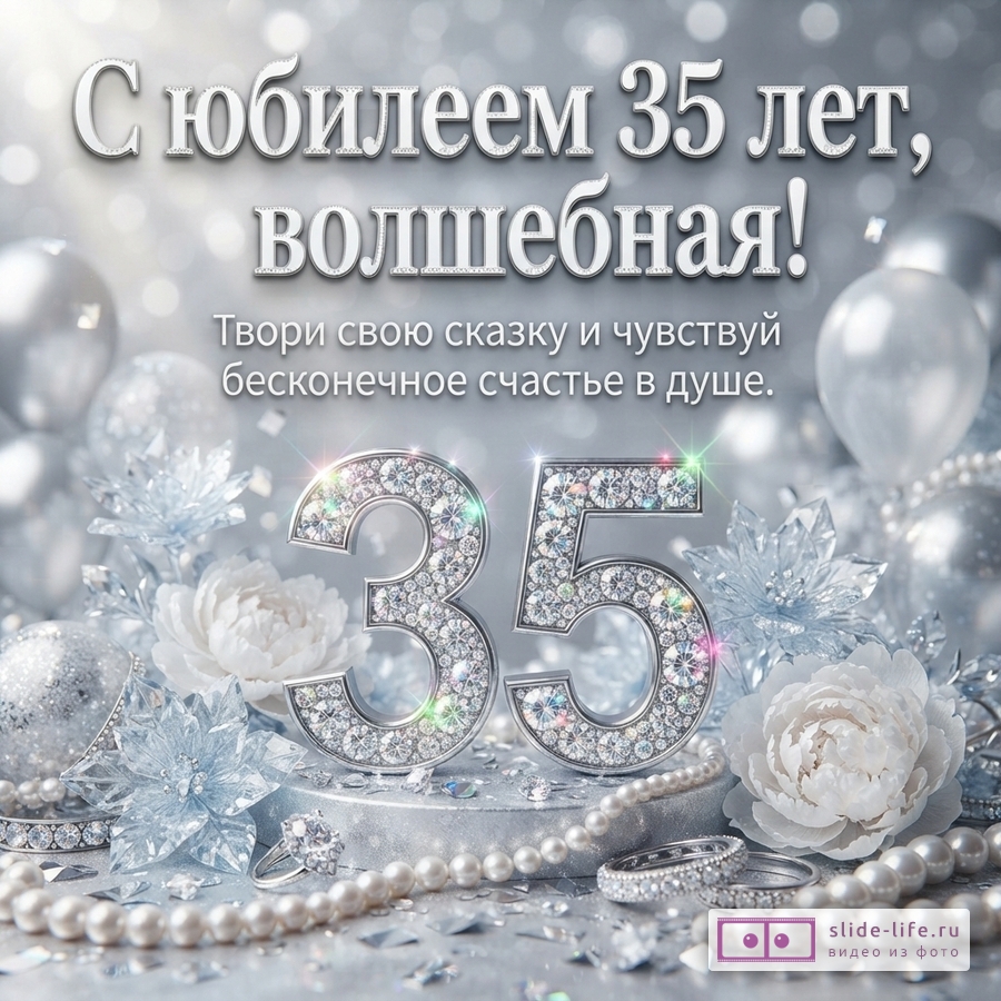 Объемная цифра 35 с бриллиантами в окружении белых цветов, жемчуга и шаров с текстом «С юбилеем 35 лет, волшебная! Твори свою сказку и чувствуй бесконечное счастье в душе.»