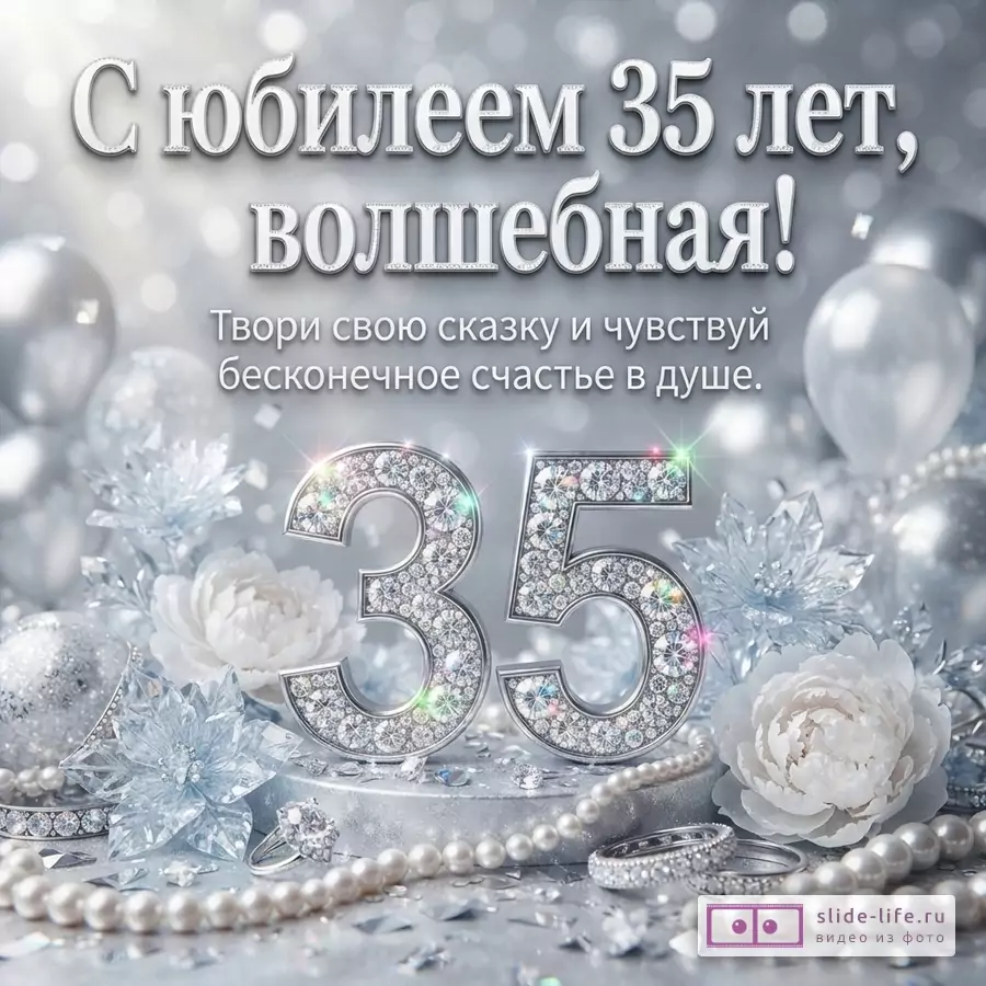 Объемная цифра 35 с бриллиантами в окружении белых цветов, жемчуга и шаров с текстом «С юбилеем 35 лет, волшебная! Твори свою сказку и чувствуй бесконечное счастье в душе.»