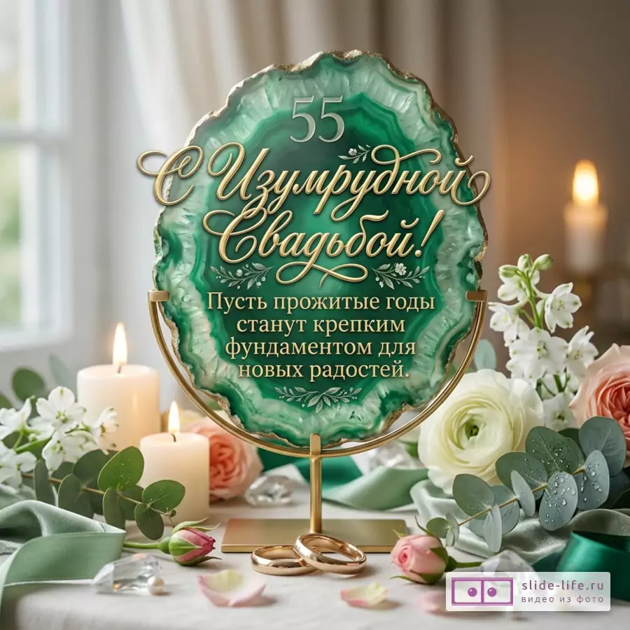 Открытка в форме среза камня с зелёным и изумрудным фоном, золотой каймой, свечи, белые и розовые цветы, кольца, ленты, текст «55 С Днем изумрудного союза! Пусть прожитые годы станут крепким фундаментом для новых радостей.»