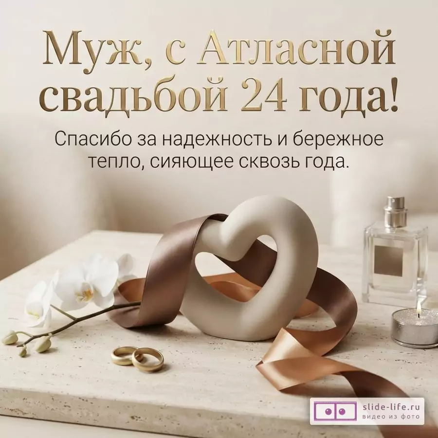 Керамическое сердце с атласной лентой, обручальные кольца, орхидея и надпись «Муж, с Атласной свадьбой 24 года! Спасибо за надежность и бережное тепло, сияющее сквозь года.»