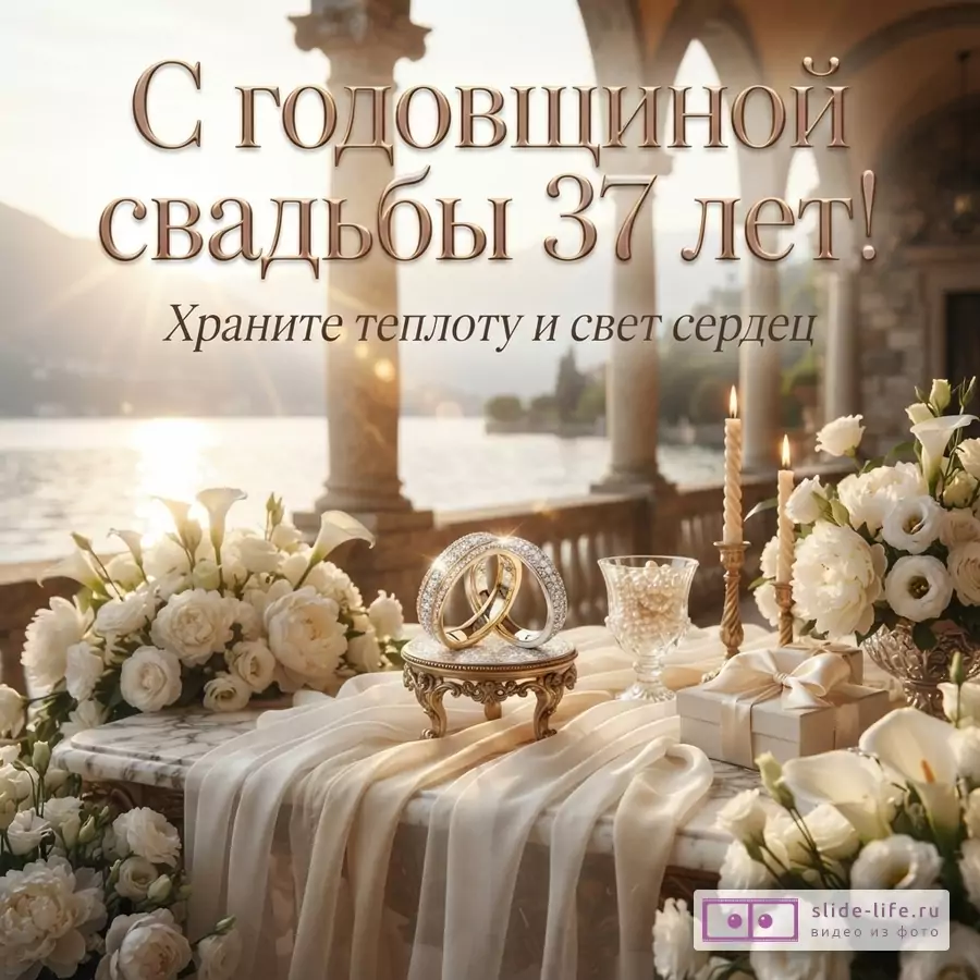 Фон с видом на озеро и горы, на переднем плане стол с белой скатертью, цветами, свечами, обручальными кольцами и подарком. Текст «С годовщиной свадьбы 37 лет! Храните теплоту и свет сердец»