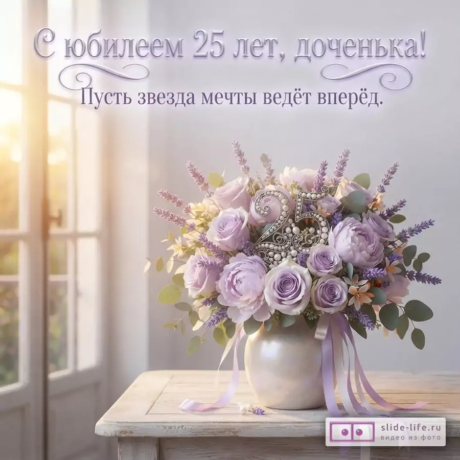 Букет сиреневых роз и лаванды в вазе с цифрой 25 у светлого окна с надписью «С юбилеем 25 лет, доченька! Пусть звезда мечты ведёт вперёд.»