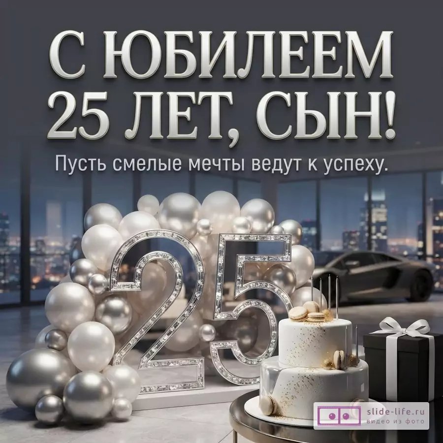 Большая сияющая цифра 25 из серебра с шарами, праздничный торт и спорткар на фоне ночного города, надпись «С ЮБИЛЕЕМ 25 ЛЕТ, СЫН! Пусть смелые мечты ведут к успеху.»