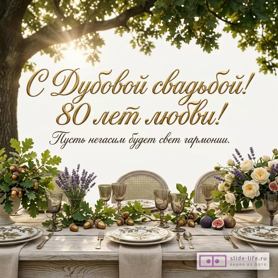 Открытка с текстом «С Дубовой свадьбой! 80 лет любви! Пусть негасим будет свет гармонии.» на светлом фоне с дубом, зелёными листьями, сервированным столом и цветами.