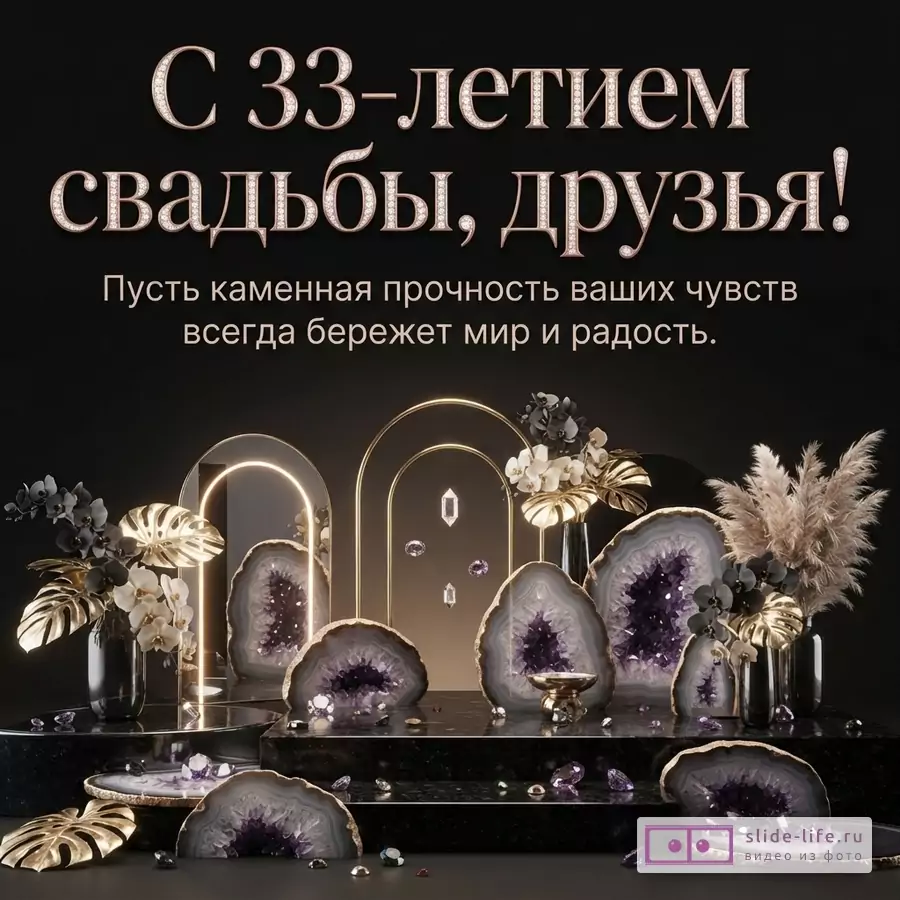 Черный фон, золотые буквы с бриллиантами «С 33-летием свадьбы, друзья!», белые буквы «Пусть каменная прочность ваших чувств всегда бережет мир и радость.». Декор из аметистов, золотых листьев и цветов.