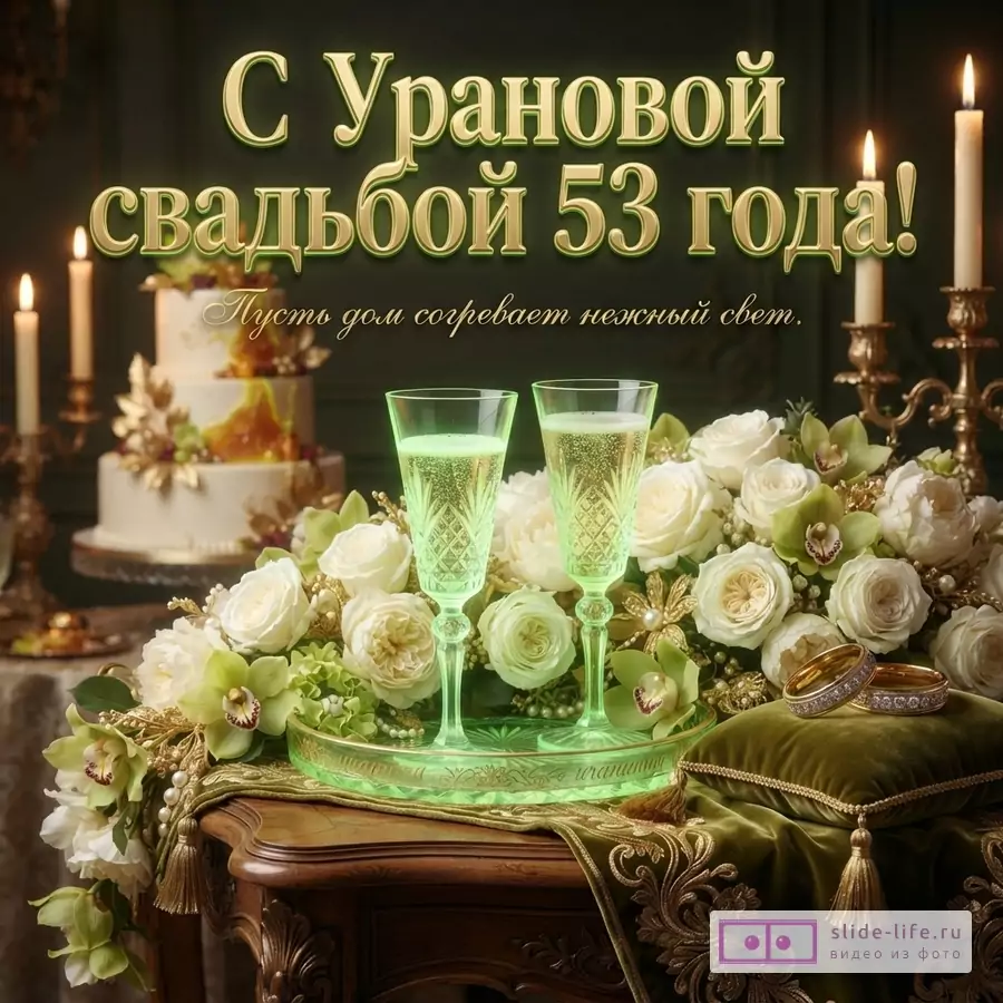 Темный фон, крупная золотая надпись «С Урановой свадьбой 53 года!», ниже курсивом «Пусть дом согревает нежный свет.», свечи, белые цветы, два бокала, торт, обручальные кольца