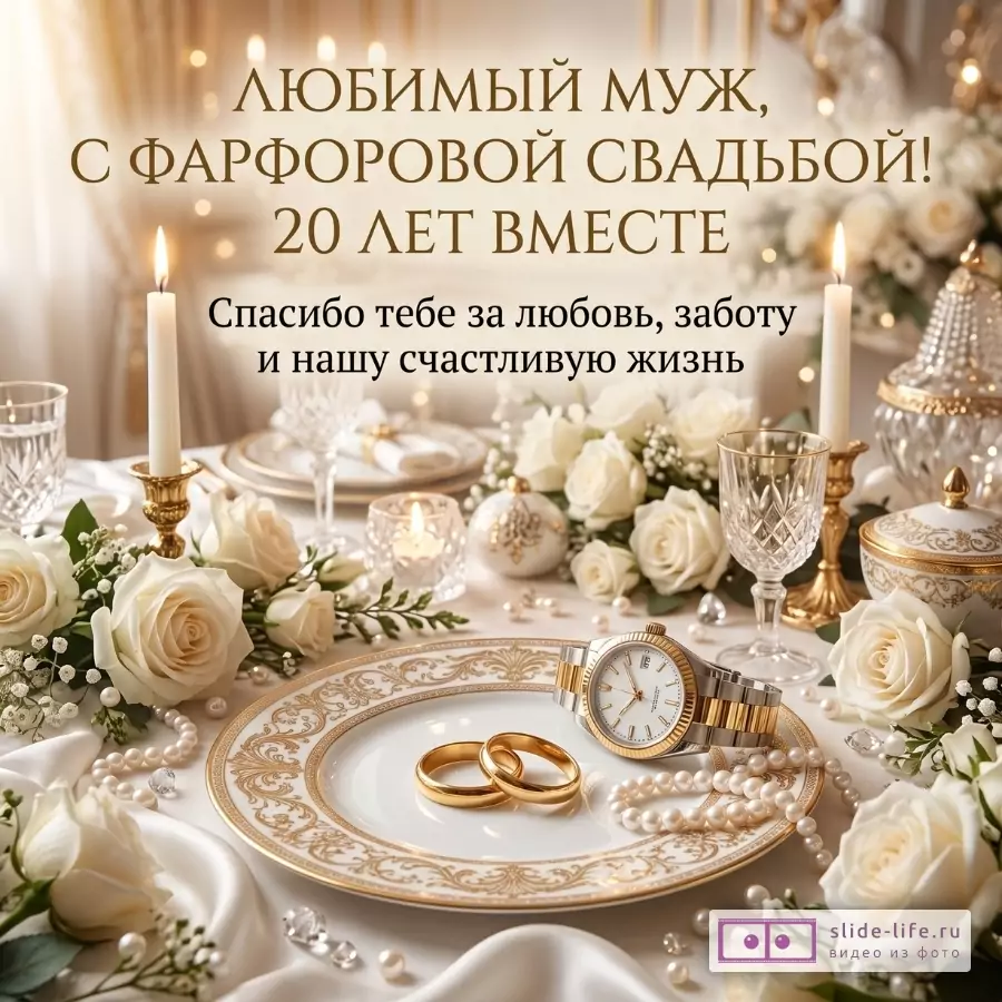 Бежево-золотой фон, стол с розами, свечами, тарелкой, кольцами и часами. Текст «Любимый муж, с фарфоровой свадьбой! 20 лет вместе. Спасибо тебе за любовь, заботу и нашу счастливую жизнь»